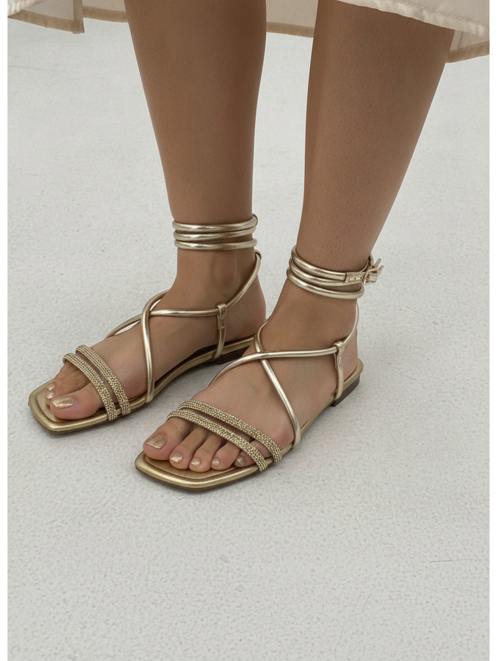 Marc Fisher Gold Strappy Flat Sandals with Rhinestone Accent